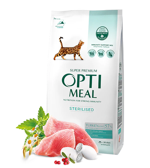 Opti Meal Dry cat food for sterilised cats - TURKEY and oat (1.5KG) - Mickey's Pets Store