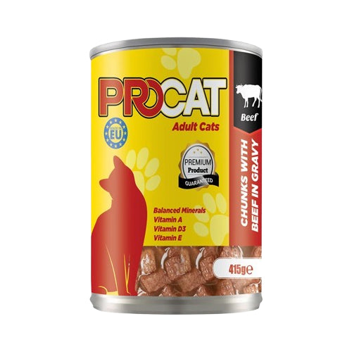 PROCAT Chunks in Gravy with Beef Adult Cats Wet Food Can 415g - Mickey's Pets Store