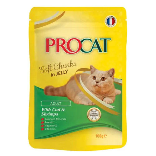 PROCAT Soft Chunks with Cod and Shrimps in Jelly Pouch 100g - Mickey's Pets Store