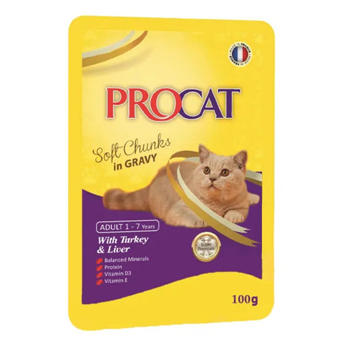 PROCAT Soft Chunks with Turkey and Liver in Gravy Pouch 100g - Mickey's Pets Store