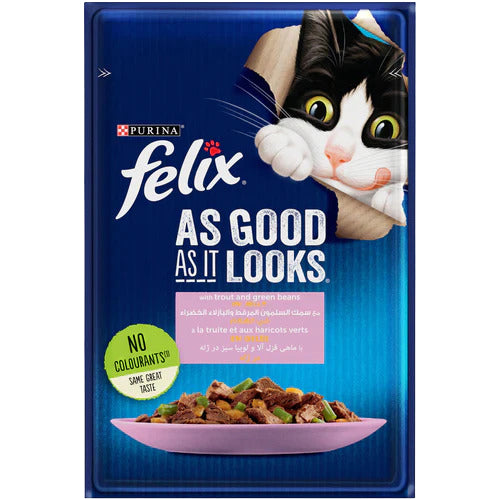PURINA FELIX As Good as it Looks with Trout and Green Bean in Jelly Wet Cat Food Pouch 85g - Mickey's Pets Store