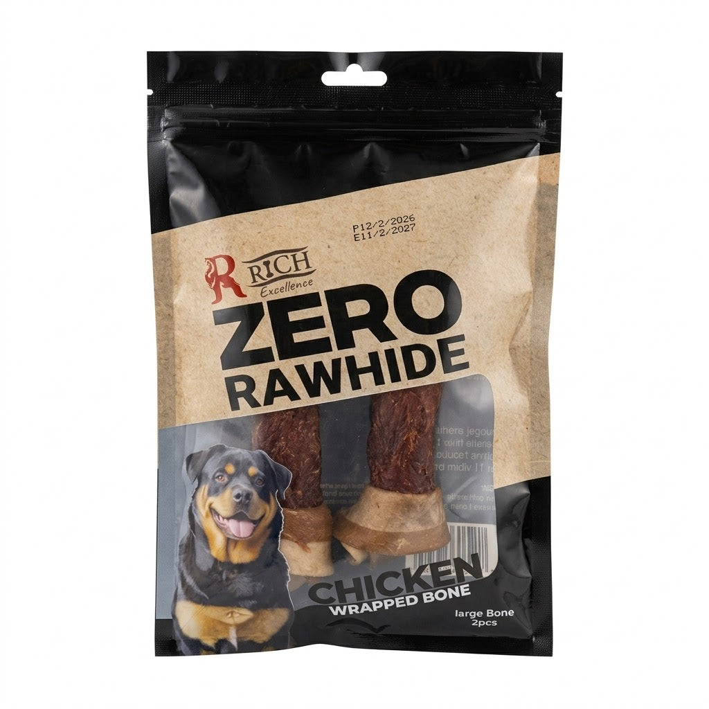 Rich Excellence ZERO Rawhide Chicken Wrapped Knotted Bone Treats - Large Bone (2-Pack) - Mickey's Pets Store