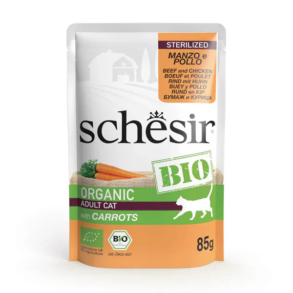 Schesir Sterilized Beef And Chicken Bio Cat With Carrots in paté 85g in pouch - Mickey's Pets Store