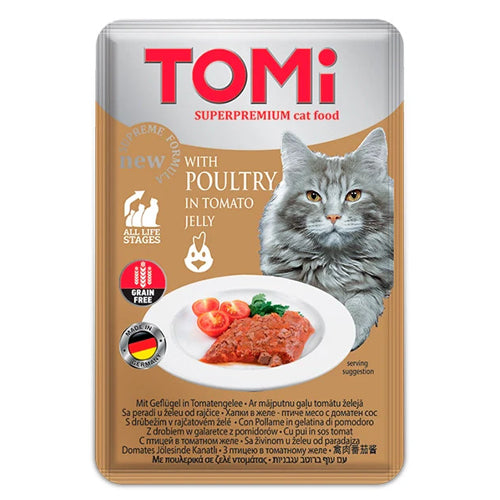 TOMi Super Premium All Life Stages Wet Cat Food Pouch with Poultry in Tomato Jelly 100g - Mickey's Pets Store
