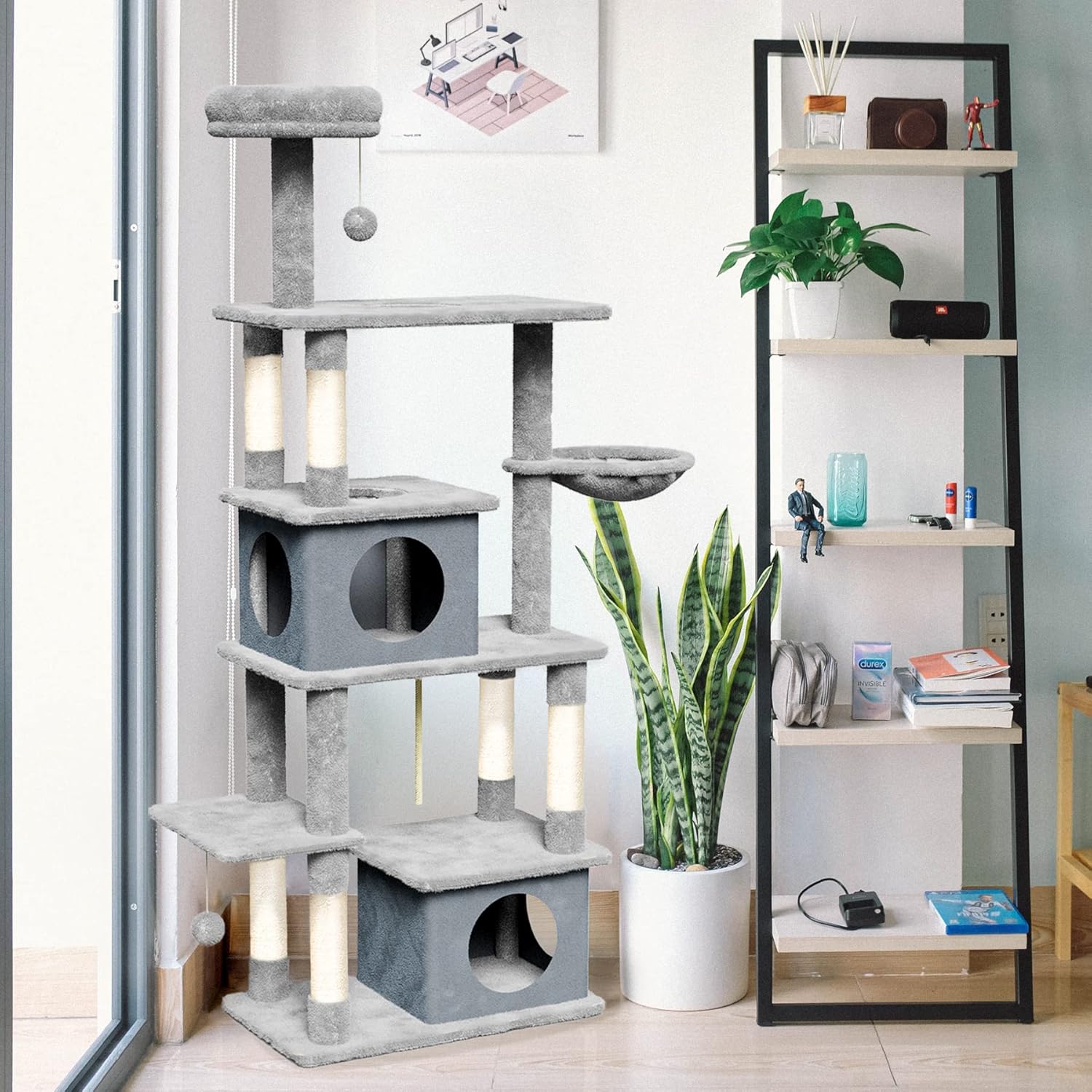 Cat Tree Tower House Condo Scratching Furniture Post for Small Medium Large Cat Kitten 64“ with Hammock and Removable Condo 40x70x146cm - Mickey's Pets Store