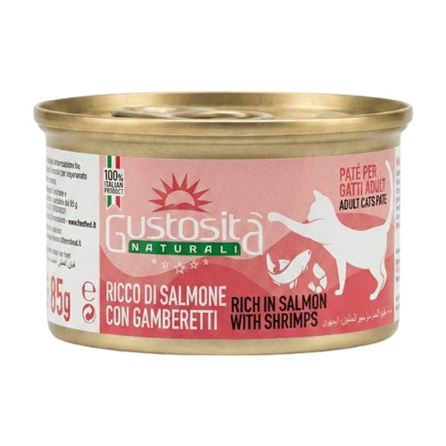 Gustosita Naturali Pate High Quality Adult Cat Wet Food Can Rich in Salmon with Shrimps 85g - Mickey's Pets Store