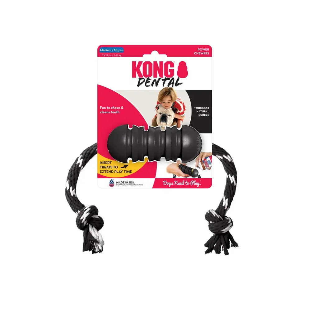 Kong Dental Medium Black Rubber Treat Dispensing Toy with Rope for Dogs (7-16kg) - Mickey's Pets Store