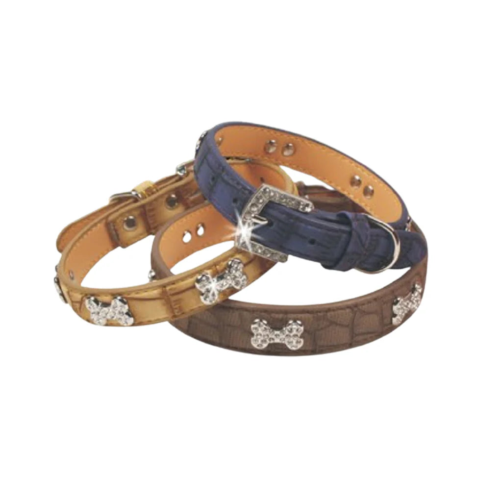 Naomi Leather Collar With Shiny BonesYL77376- S/M/L - Mickey's Pets Store