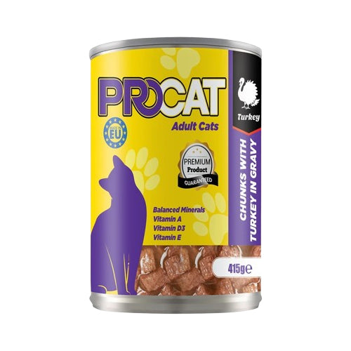 PROCAT Chunks in Gravy with Turkey Adult Cats Wet Food Can 415g - Mickey's Pets Store