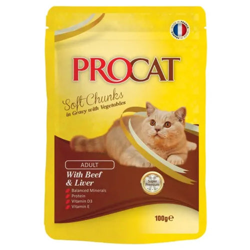 PROCAT Soft Chunks with Beef and Liver in Gravy Pouch 100g - Mickey's Pets Store
