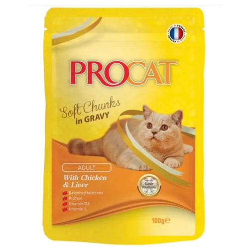 PROCAT Soft Chunks with Chicken and Liver in Gravy Pouch 100g - Mickey's Pets Store