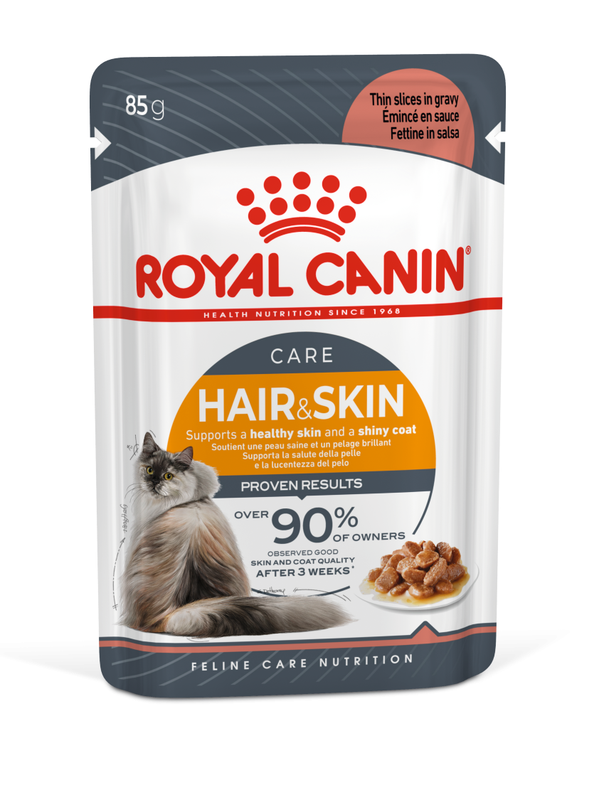 Royal Canin Hair and Skin Care -Wet food slices for adult cats in Gravy (85gm / Pouch) - Mickey's Pets Store