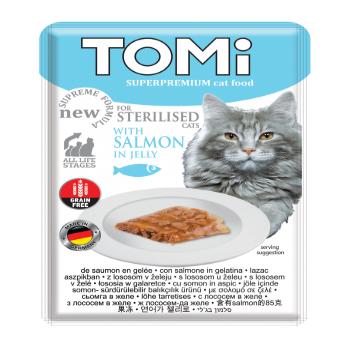 TOMI POUCH FOR STERILISED CATS SALMON IN JELLY 85G - Mickey's Pets Store