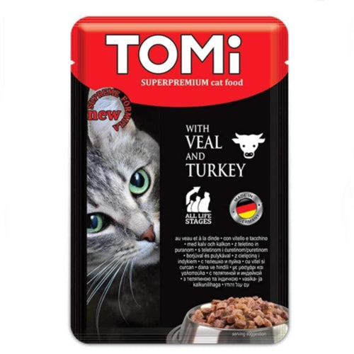 TOMi Super Premium All Life Stages Wet Cat Food Pouch with Veal and Turkey 100g - Mickey's Pets Store