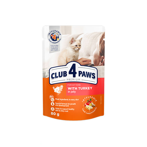 CLUB 4 PAWS Premium Kittens Wet Food with Turkey in Jelly Pouch 80g- Mickey's Pets Store